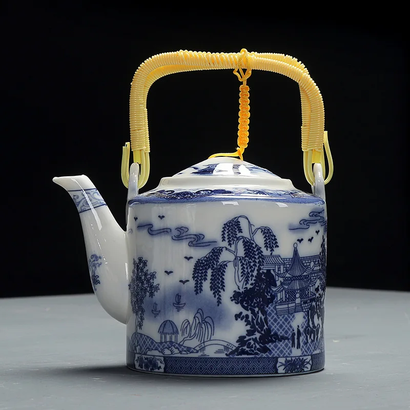 800 мл керамический чайник, китайский стиль, ручная печать, синий и белый фарфоровый чайник, Бамбуковая деревянная ручка, кухонные принадлежности - Цвет: 8