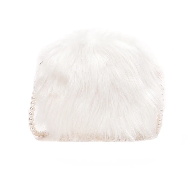 White shoulder bag fashion faux fur handbag soft and comfortable suede handbag round autumn and winter hot mini pearl chain bag 6
