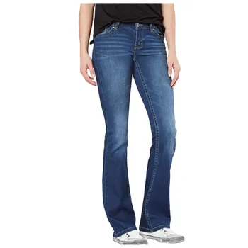 

Western style Straight type Women Mid Waisted Denim Mom Jeans Embroidery Stretch Button Flare Pants Jeans Simple Pants For Women