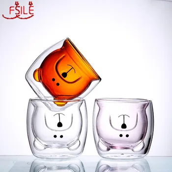 

FSILE 250ml Simple Fashion Cute Double Layer Heat-resistant Glass Bear Cup Cartoon Creative Coffee Cup Juice Milk Cup Home 2pcs
