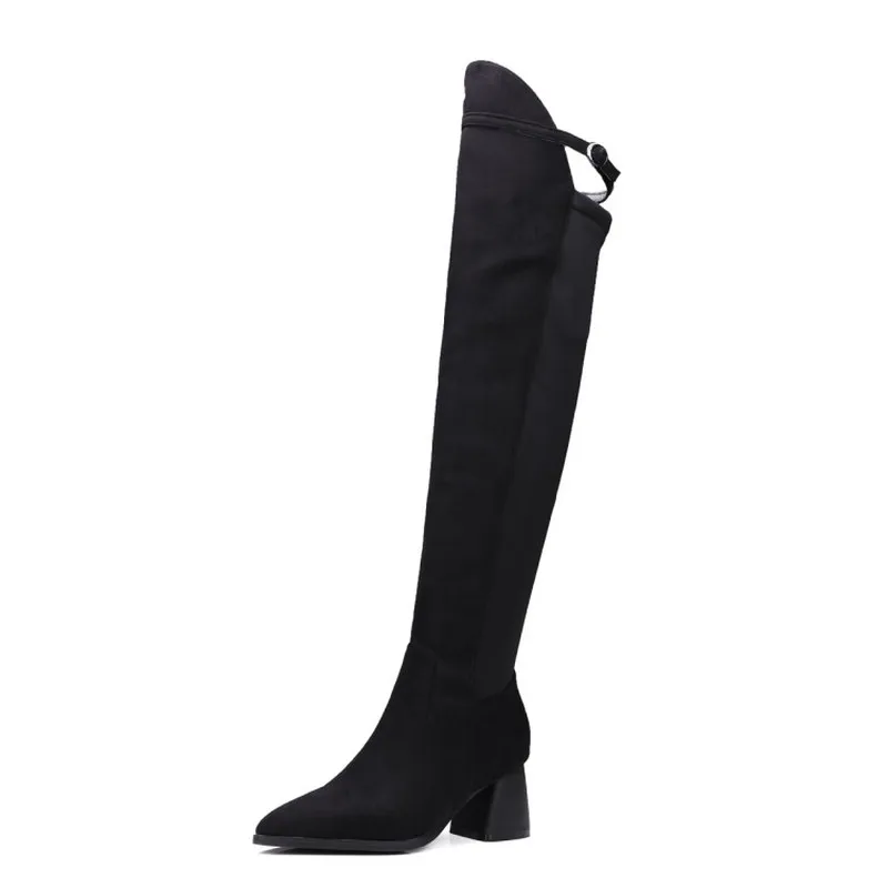 Высокие сапоги до бедра женские новые зимние модные заостренные квадратные Сапоги выше колена на среднем каблуке Женская обувь больших размеров 32-48 черного цвета