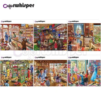 

Diamond Painting 5D Full Square/Round Drill Vintage Country Village Life Dog House Store Shop Daimond Embroidery Painting Z1136