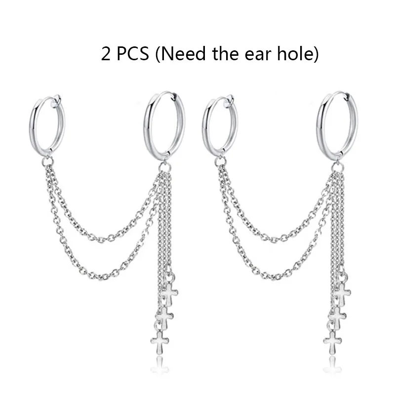 2pcs hoop earrings Панк мужские серьги из нержавеющей стали сережки-крестики для женщин женские хип-хоп Многослойные кисточкой цепи клип на серьги вечерние ювелирные изделия - Окраска металла: 2pcs hoop earrings
