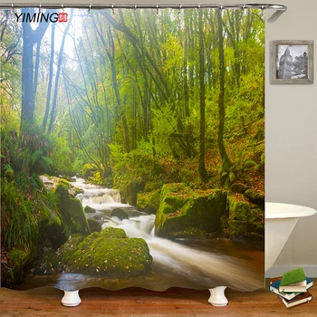 

3D forest waterfall shower curtain mildew proof waterproof polyester home decoration curtain with hooks can be washed 200*180cm