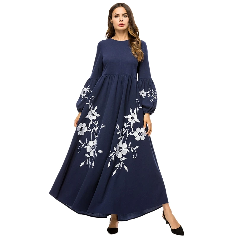 

New Muslim Dress Women Embroidery Printed Long Abaya O-Neck Long Sleeve Zipper Loose Long Dress Kaftan Dubai Turkish Islamic Dub