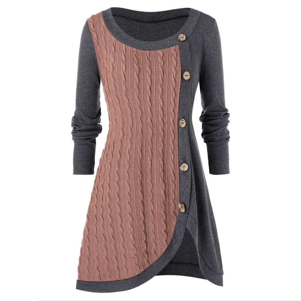 Plus Size Women O-Neck Long Sleeve Solid Botton Pachwork Asymmetric Tops Sweater 2019 Winter Knitted C30103 | Женская одежда