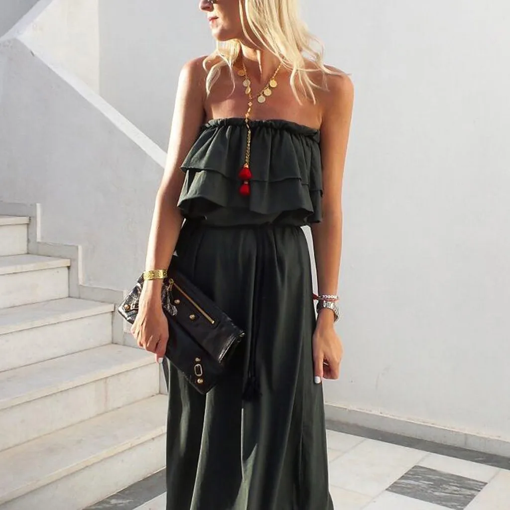 Vestidos verano mujer, женское платье, сексуальное, повседневное, без рукавов, с оборками, с открытыми плечами, Пляжное, с запахом, праздничное, длинное платье