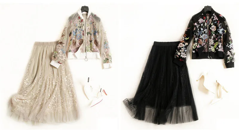 Элегантный подиумный сетчатый костюм из 2 предметов с цветочной вышивкой, Женский Осенний топ с длинными рукавами-фонариками+ роскошная юбка