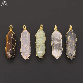 

5pcs/Lot Random Sales Plated Gold Copper Wrap Hexagon Natural Gems Stone Stick Point Pendants Necklace Jewelry Findings FZ-78AMH