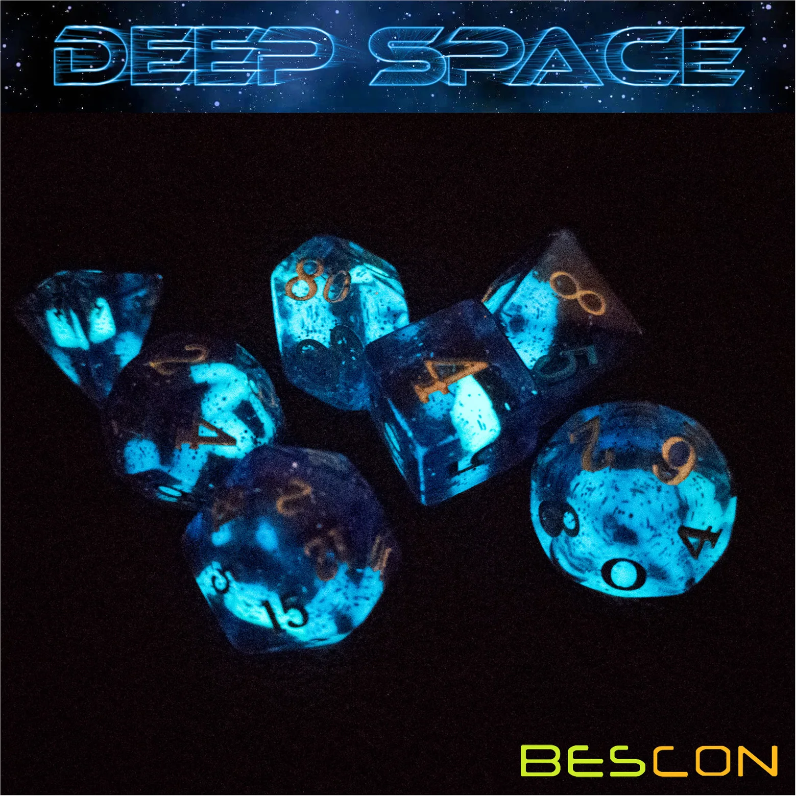 Bescon Super Glow in the Dark Glitter Polyhedral Dice Set DEEP SPACE, Luminous RPG Dice Set,Glowing Novelty DND Game