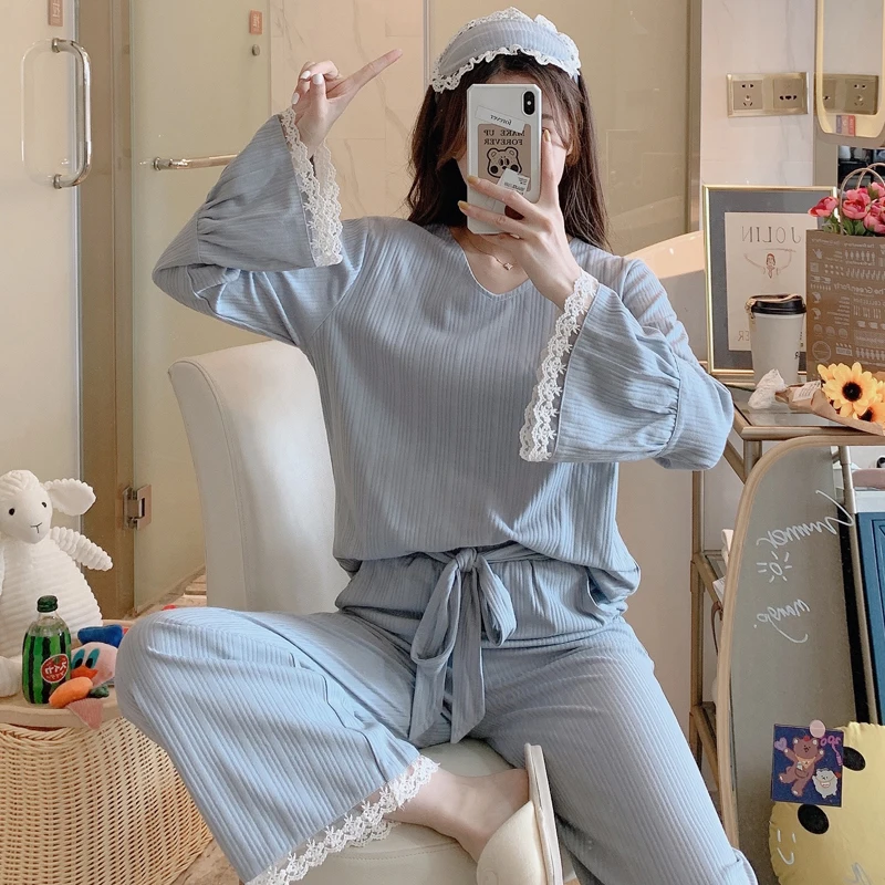 

Women Pajamas With Eye Mask FemaleSet Cotton Sleepwear Solid Pink Pyjamas HomewearLong-sleeved Long Trousers
