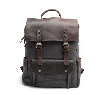 

Vintage Canvas Backpack neutral academic style schoolbag pure cotton canvas with first layer crazy horse leather schoolbag