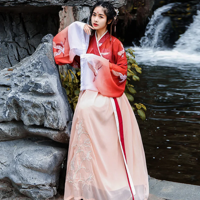 Hanfu женское летнее платье в китайском стиле с вышивкой в пол, винтажное платье свободного кроя с принтом и расклешенными рукавами, длинное платье для женщин