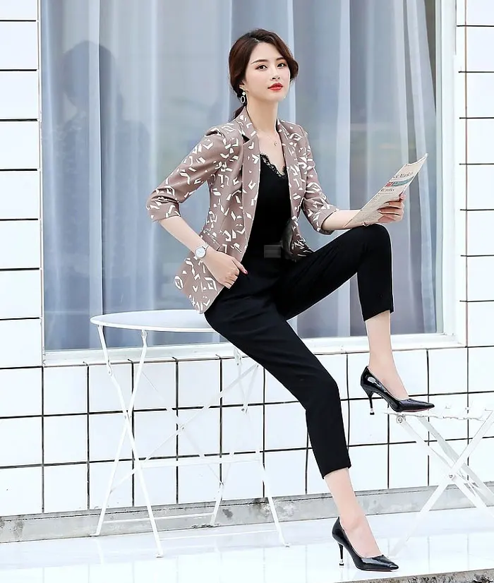 Spring New Fashion Blazers Printing Casual Suit Single Button Temperament Thin Slim Seven-sleeve Three Quarter Sleeve Suit