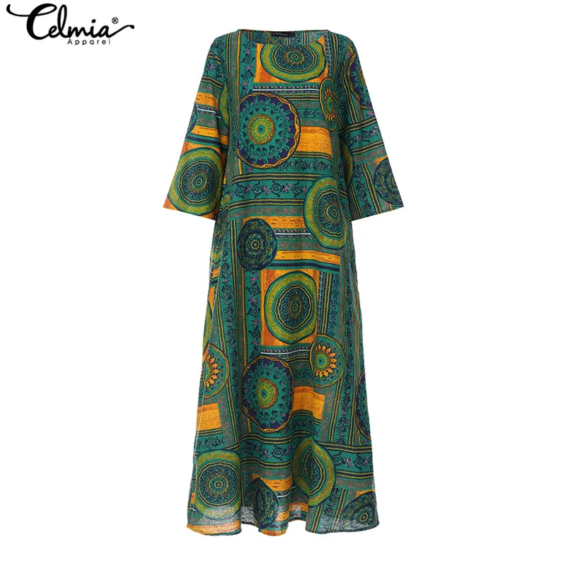 Celmia Women Casual Kaftan Printed Maxi Long Dress Flare Sleeve Loose Cotton Fashion Party Vestidos Robe Mujer Plus Size 7