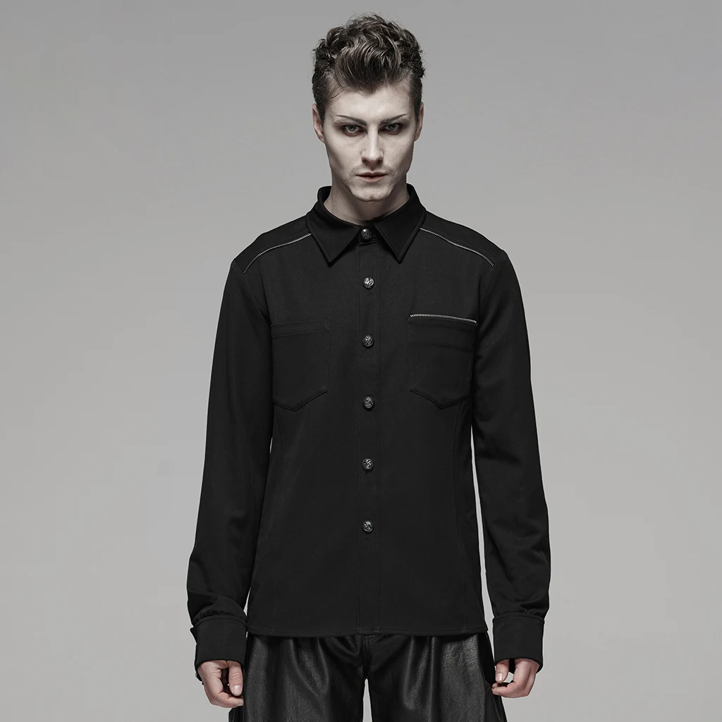 

PUNK RAVE Mens Punk Light Zipper Shirt Cotton Black Long Sleeve Casual Streetwear Party Personality Mens Shirt