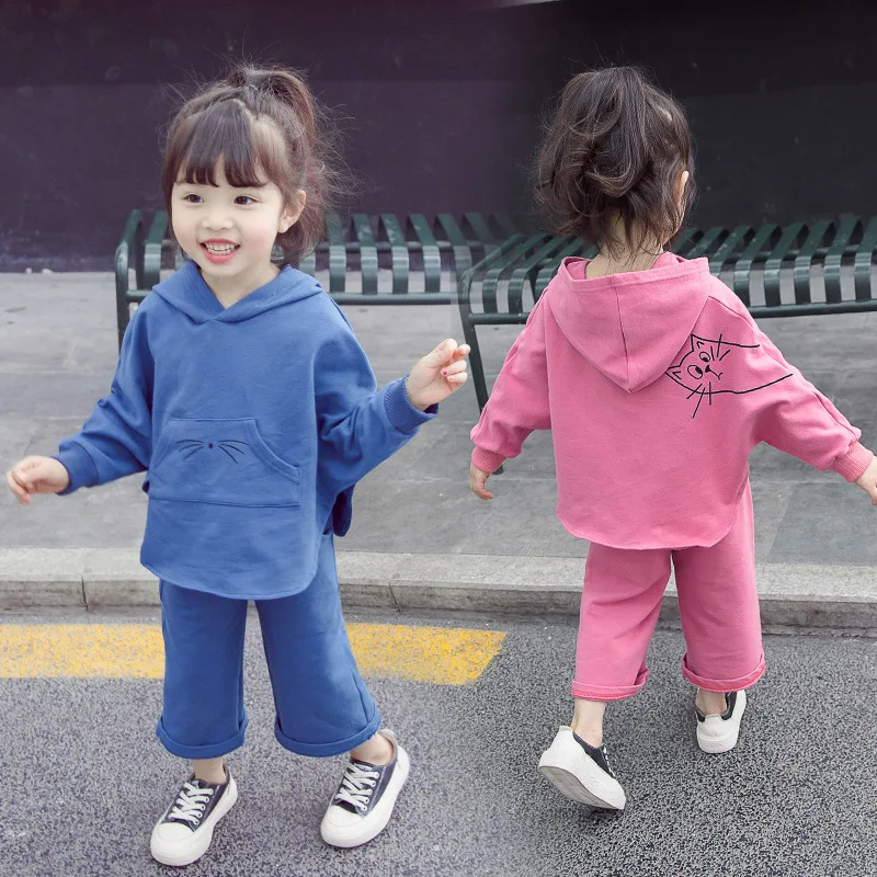 

Childrenswear Girls Spring Clothing 2019 New Style CHILDREN'S Suit Baby Spring And Autumn Bat Sleeve Cat Printed Two-Piece Set