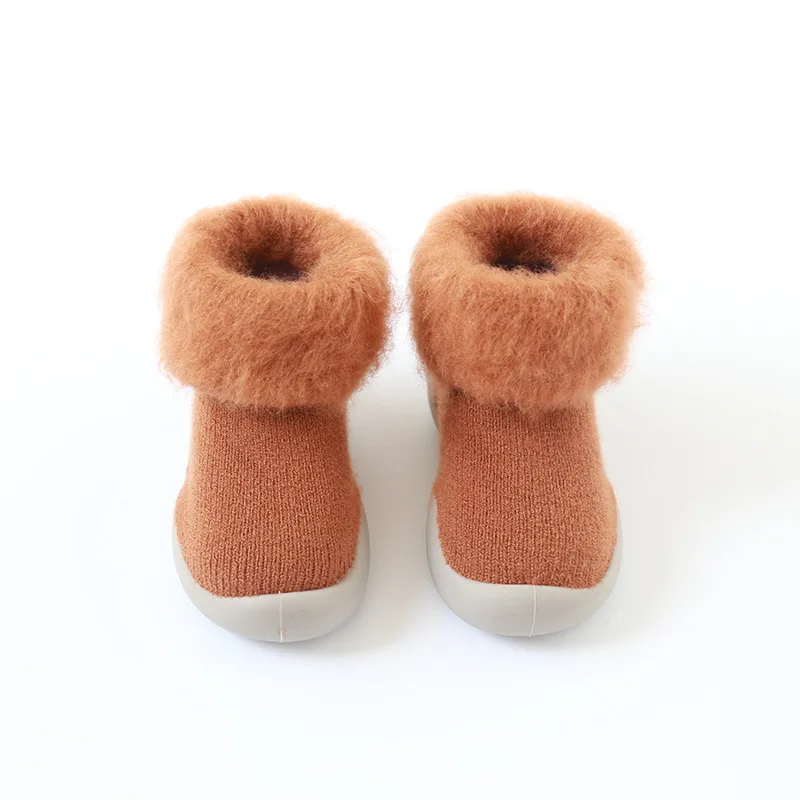 caramel Однотонные детские носки плюс бархатные плотные детские носки-тапочки детские носки для малышей с резиновой подошвой - Цвет: caramel