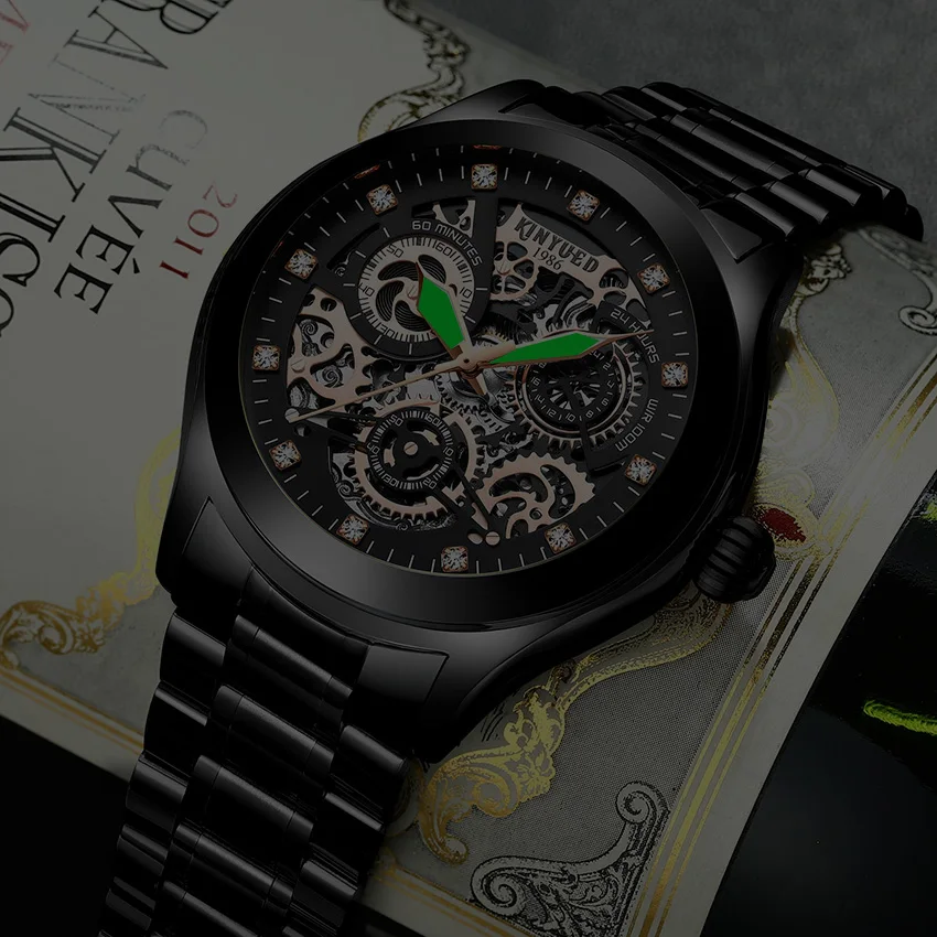 KINYUED Мужские автоматические механические часы со скелетом из нержавеющей стали модные часы мужские черные водонепроницаемые reloj hombre automatico