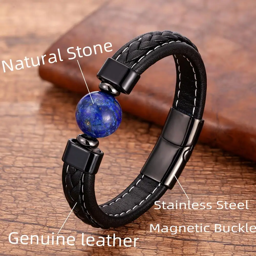 Genuine Leather Bracelets Men Stainless Steel Clasp Charm Bracelet For Male 6 Style Natural Tiger Eye Lava Stone Jewelry
