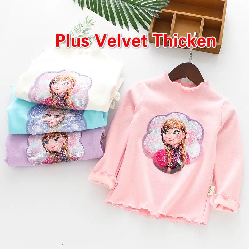 

Change Color Sequins Discoloration Princess Elsa Anna Cotton Winter Kids Plus Velvet Thicken T Shirts for Children Girl T Shirt