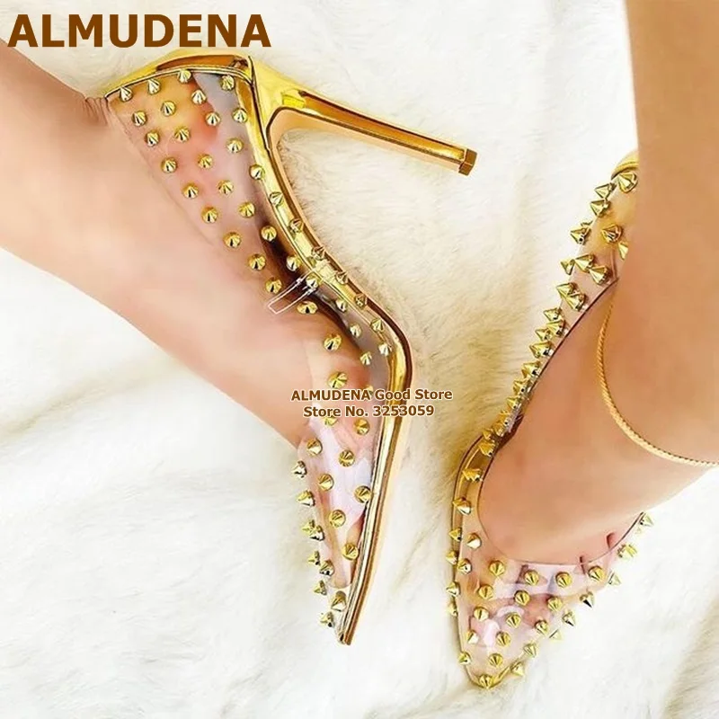 

ALMUDENA Gold Heels Transparent PVC Rivets Pumps Pointed Toe Full Studded Slip-on Gladiator Dress Shoes Banquet Thin High Heels