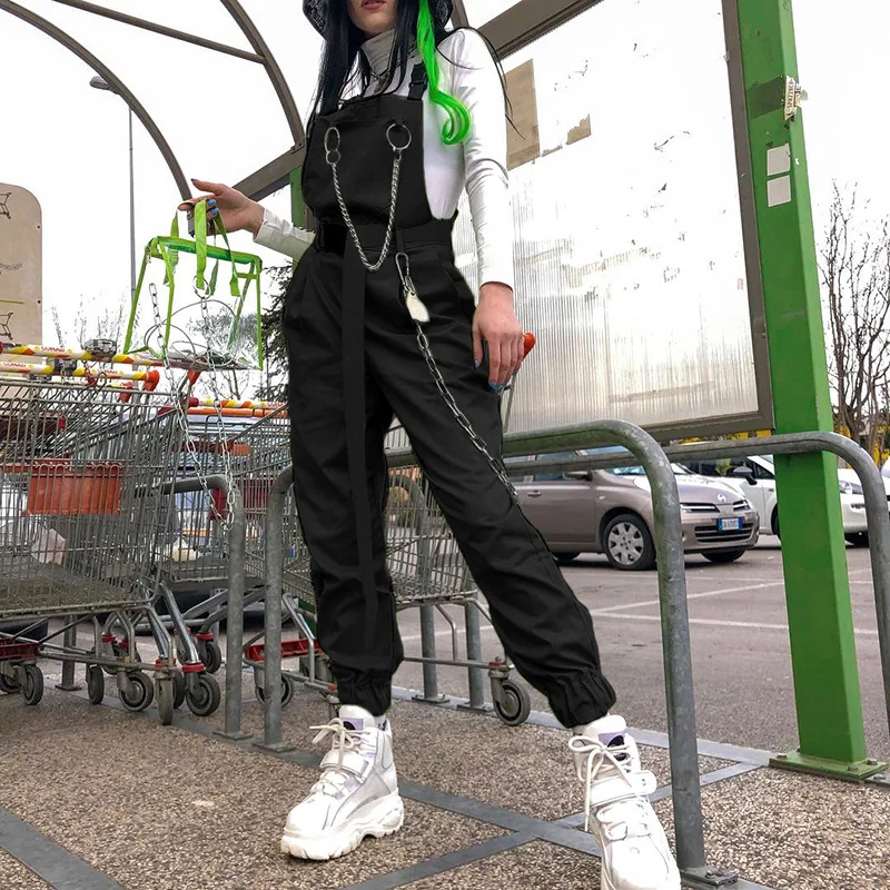 

2019 Hot Jumpsuit Pockets Overalls Chains Buckles Women Suspenders Trousers Loose Streetwear Capris Female Casual Pants