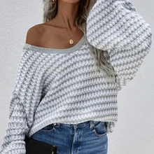 

Women's Temperament Plus Size Sweater Striped V-Neck Knitted Pullover Stitching Acrylic Long-Sleeved Sweaters Female 2021 New