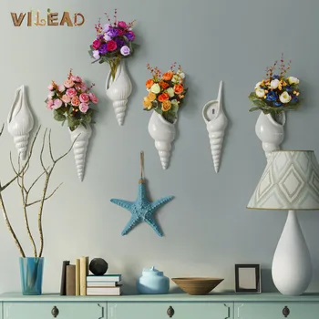 

VILEAD 3 Styles Conch Shaped Ceramic White Vase Simple Modern Creative Bar Wall Background Hanging Vase Home Decoration