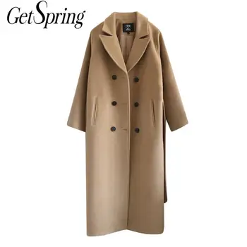 

GetSpring Women Woolen Coat Thickened Winter Woolen Jacket Temperament Retro Outwear Loose Long Ladies Overcoat Autumn Winter