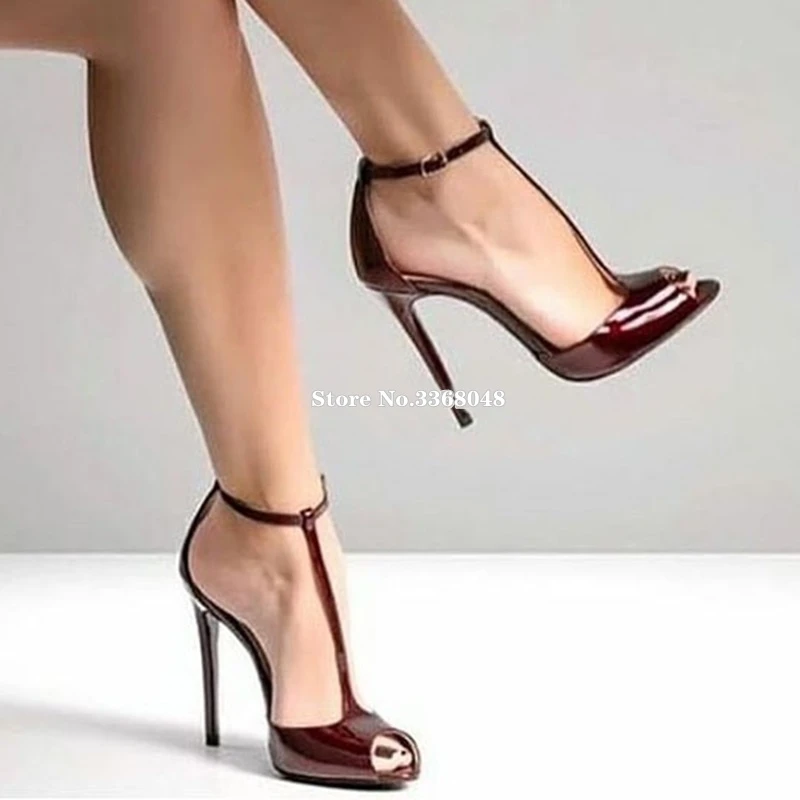 Бордовые туфли лодочки на шпильках с Т образным ремешком женские под банкетное