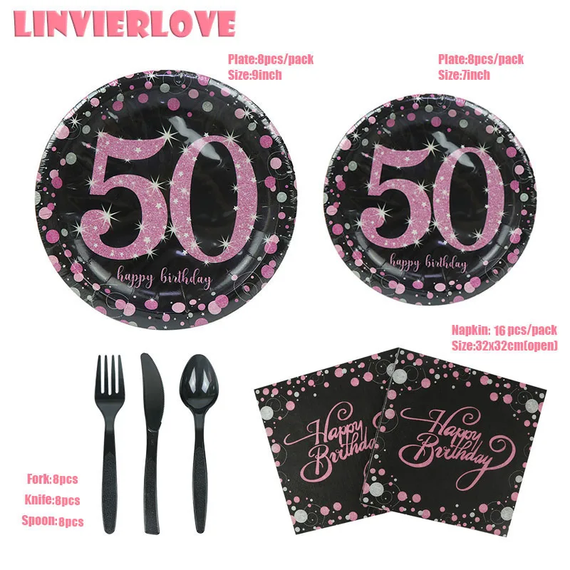 Pink 50th LINVIERLOVE Happy 30th 40th 50th 60th черный золотой одноразовый набор посуды для дня рождения свадебные бумажные тарелки салфетки товары для праздника - Color: Pink 50th