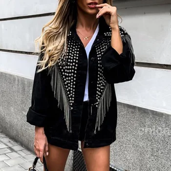 

New Tassel Rivet Denim Jacket Women Tops Autumn Spring Black Cool Outwear Jackets Streetwear Punk Fashion Long Sleeve Loose XL