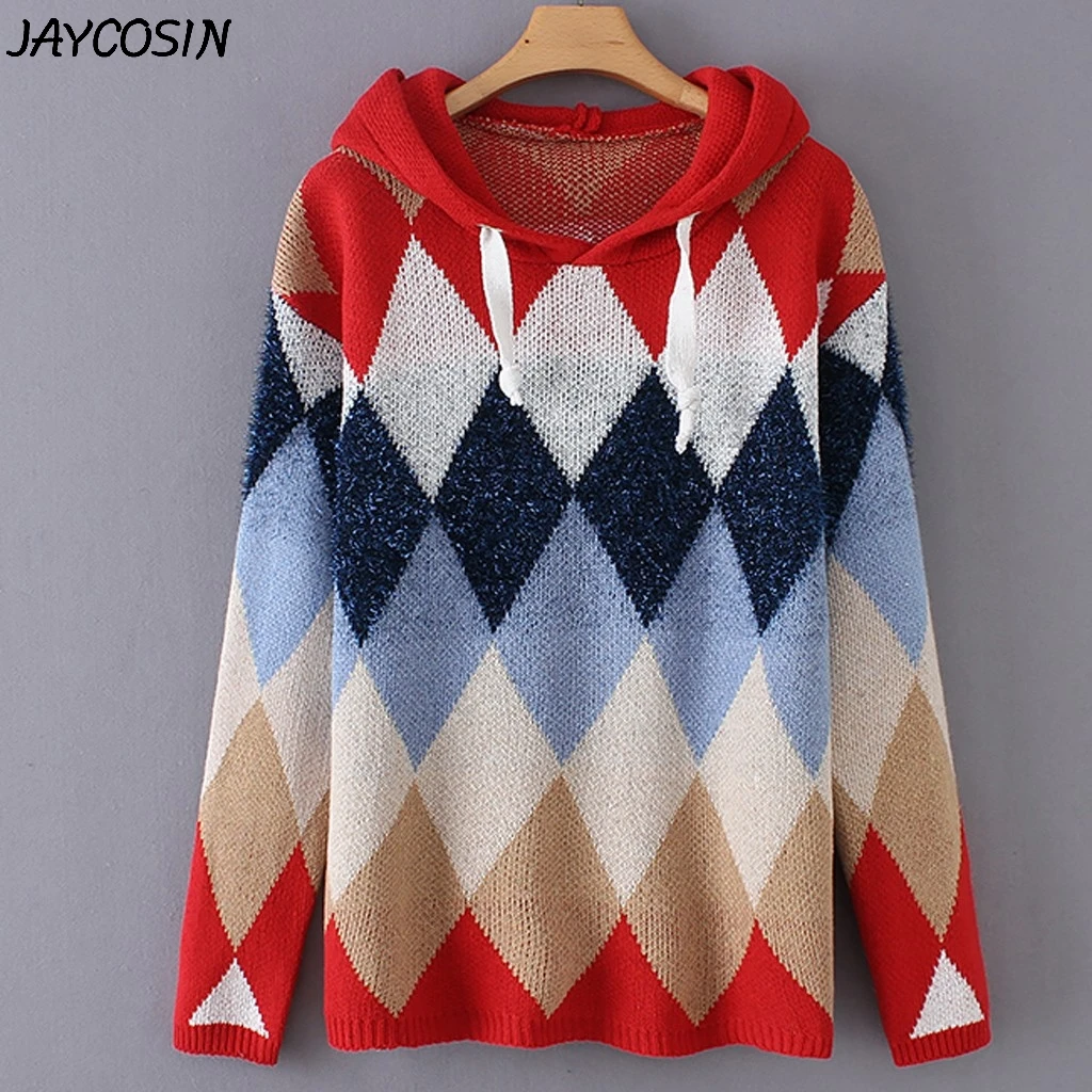 JAYCOSIN, Женская толстовка, простая, алмазная, в клетку, яркий шелк, с капюшоном, зимняя, теплая, повседневная, свободная, трикотажная, пуловер, свитера, Топ