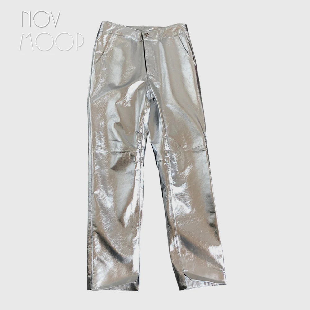 

Winter straight black silver high waist glossy genuine leather women ankle-length pants with button decor pantalon femme LT2862