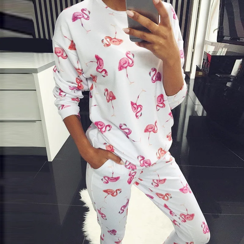 

Pyjamas Women Full Sleeve Cotton Pajama Sets Cartoon Flamingo Couple Pajamas For Women Sleepwear Flower Pijama Mujer