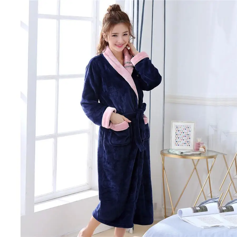 Повседневная Ночная рубашка большого размера из кораллового флиса, одежда для сна, толстый теплый домашний банный халат, сексуальный халат кимоно, женское белье, Халат - Цвет: Blue1
