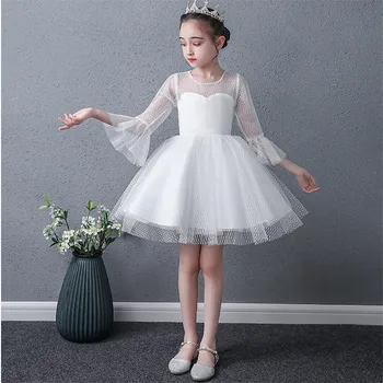

Baby Kids Korean Sweet White Color Birthday Wedding Party Princess Mesh Dress Little Girls Infant Ceremony Host Piano Prom Dress