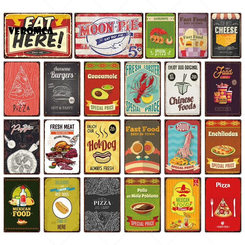 

Fresh Meat Hot Dog Metal Poster Chinese Food Tin Sign Cheese Pizza Metal Plates Wall Home Restaurant Shop Decoration Accessories
