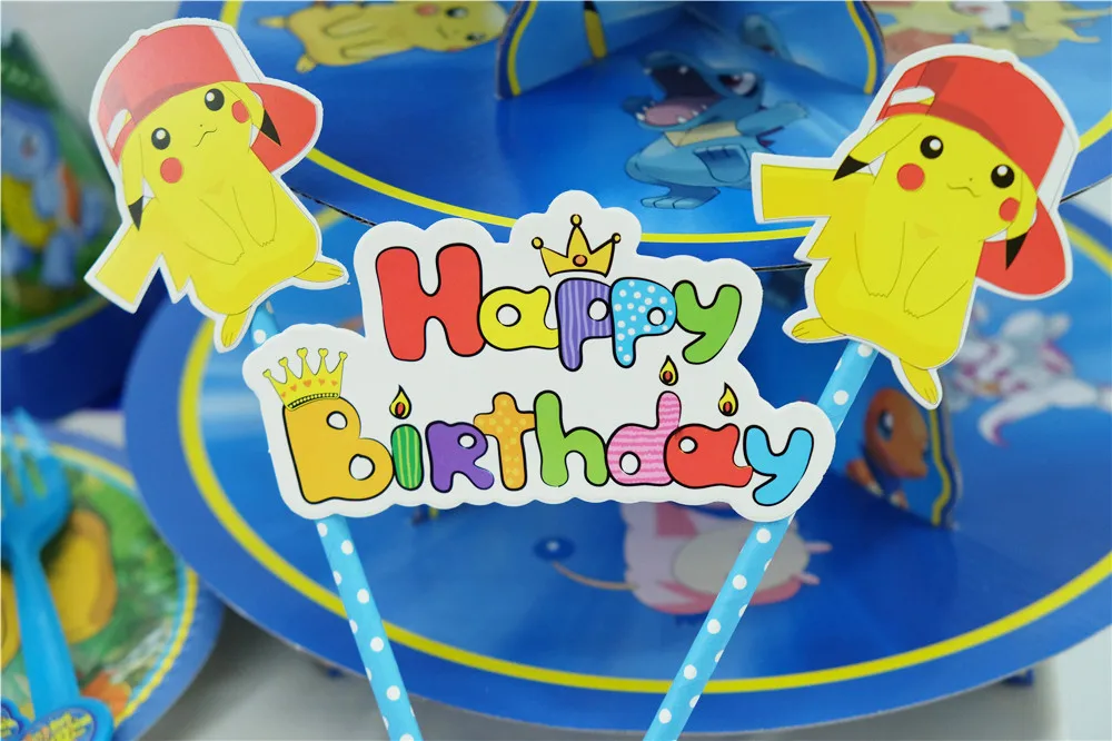Покемон торт Топпер капкейк обертка Пикачу вечерние украшения день рождения принадлежности бумажные тарелки чашки Детские душ посуда наборы