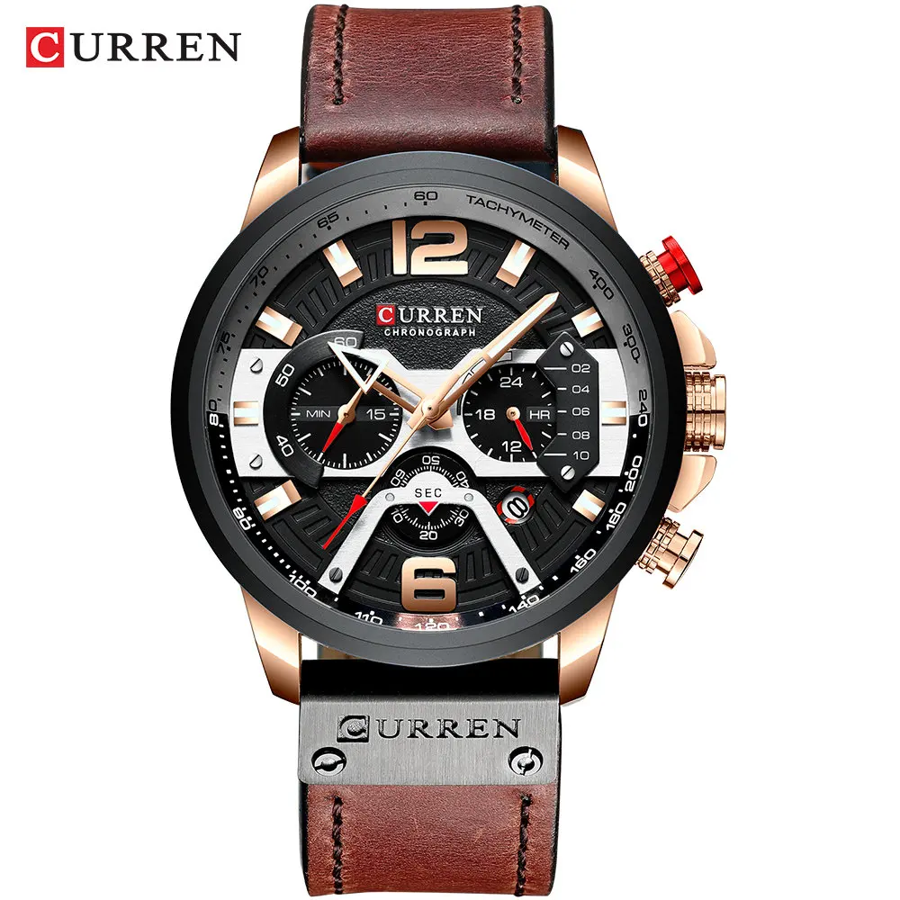 rose black watch Мужские наручные часы CURREN на кожаном ремешке, голубые, с секундомером - Цвет: rose black watch