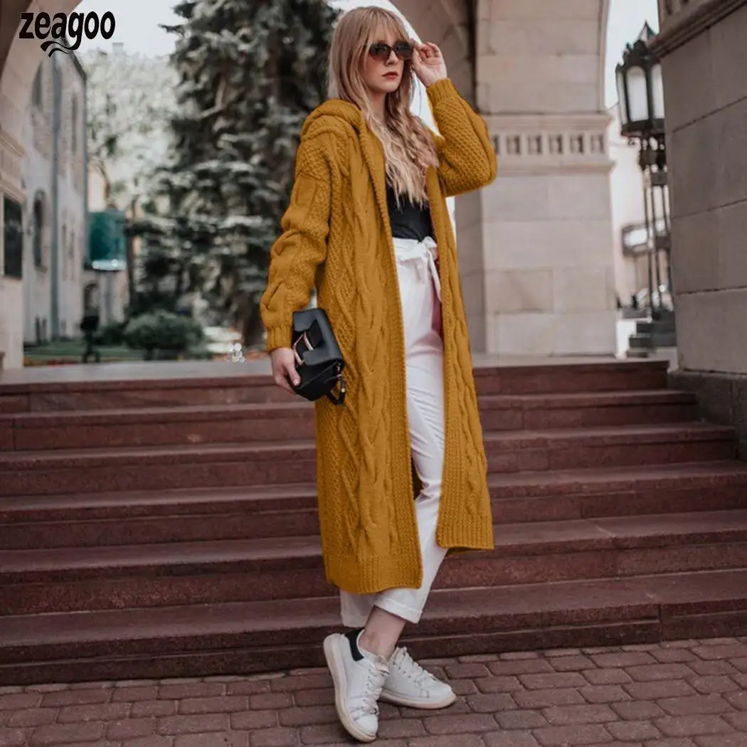 Женский вязаный кардиган с капюшоном, Повседневный, длинный рукав, однотонный, свободный, верхняя одежда, осень, зима - Цвет: BR