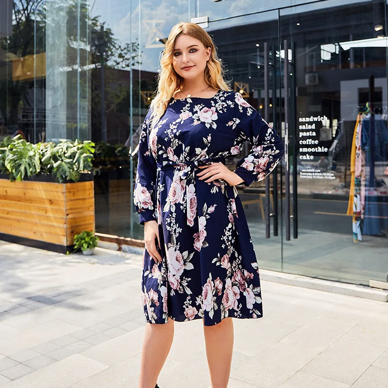 

Autumn Plus Size Fashion Party Dress Casual Women Long Sleeve Floral Print Knee Length Elegant O Neck Club Dress For Ladies