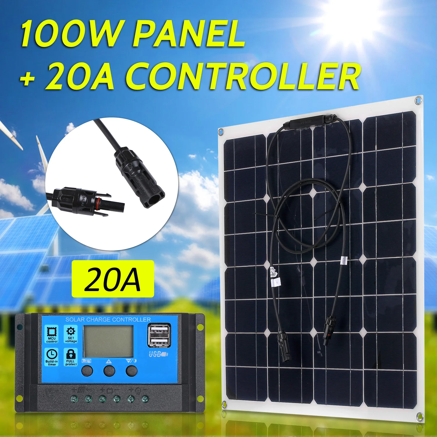 100 Вт 18 в монокристаллическая солнечная панель модуль комплект IP65 Водонепроницаемый 20/30/40/50A Солнечный контроллер заряда ШИМ Интеллектуальный Регулятор - Цвет: 20A