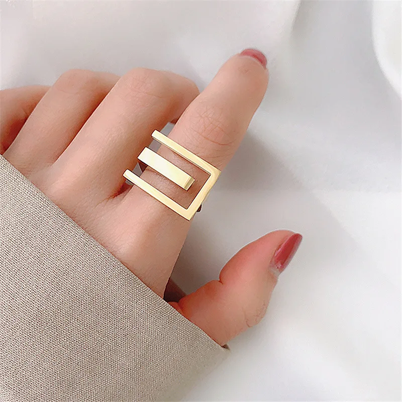 

2020 New Gold ins Fashion Geometric Square Irregular Hollow Line Adjustable Open Rings for Women Girl Party Jewelry