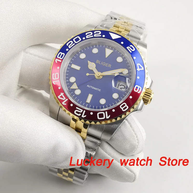 Мужские Роскошные часы bliger 40 мм GMT синие циферблаты светящиеся стекла saphire