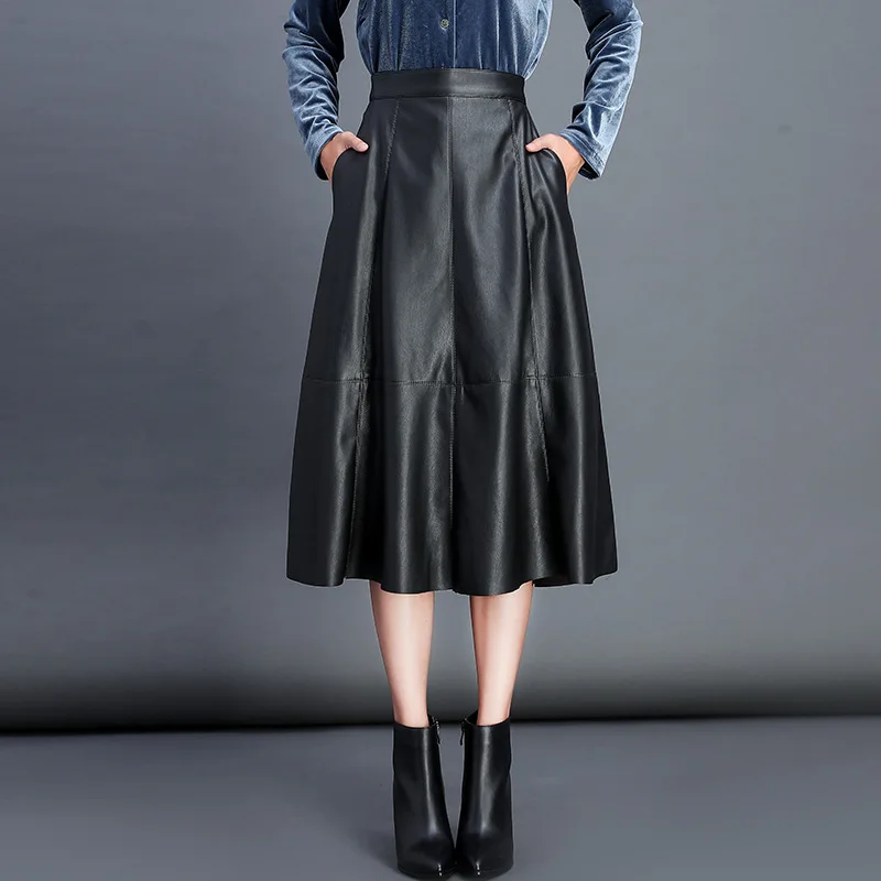 Женская юбка, новинка, высокое качество, искусственная кожа, юбка-зонтик, высокая талия, свободные, одноцветные, женские юбки, Новое поступление
