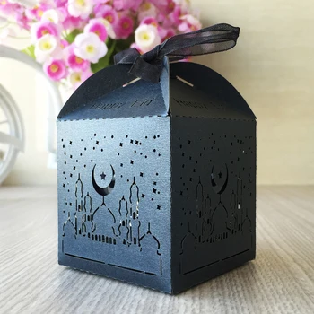 

50pcs/lot Eid Candy Box Send A Ribbon Pearl Paper Invitation Cards Blessing Invitations Grand Events Candy Boxes