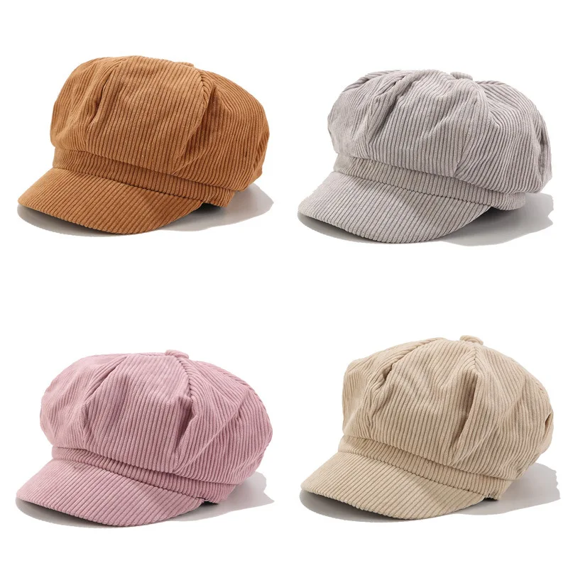 Вельветовый берет, шапка для женщин, полосатая шапка для художника, элегантная однотонная Кепка Бейкер, 90, для девочек, восьмиугольная кепка, женская шапка