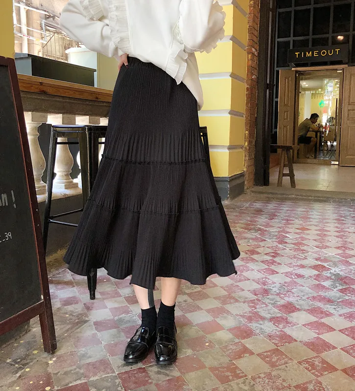 Японская женская уличная длинная юбка в стиле Харадзюку; сезон осень-весна; цвет черный, абрикосовый; плиссированная юбка с оборками; элегантные юбки; Mujer Moda;